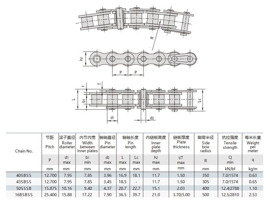 tableau technique des chaînes à rouleaux en acier inoxydable pour arcs latéraux